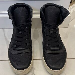 Gucci Black Leather Hi-Top Sneakers with Cream soles